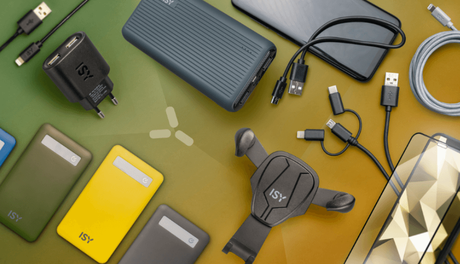 The top view of various ISY products for smartphones, including power banks, charger, protective case, car holder and charging cable, green-brown background